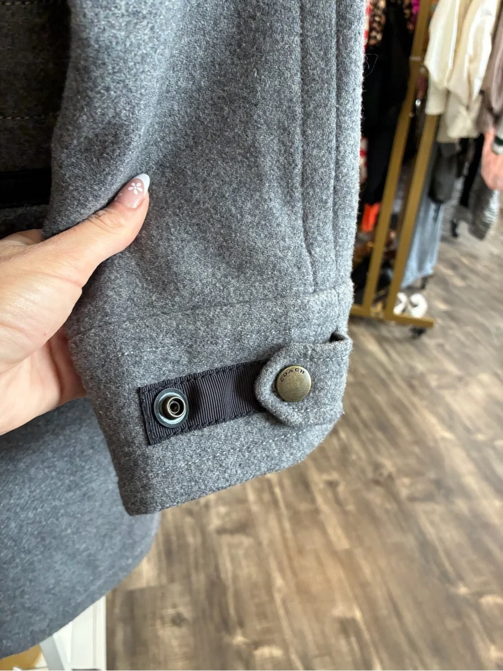 Coach Gray Quilted-Lined Wool Coat with Shearling Trim